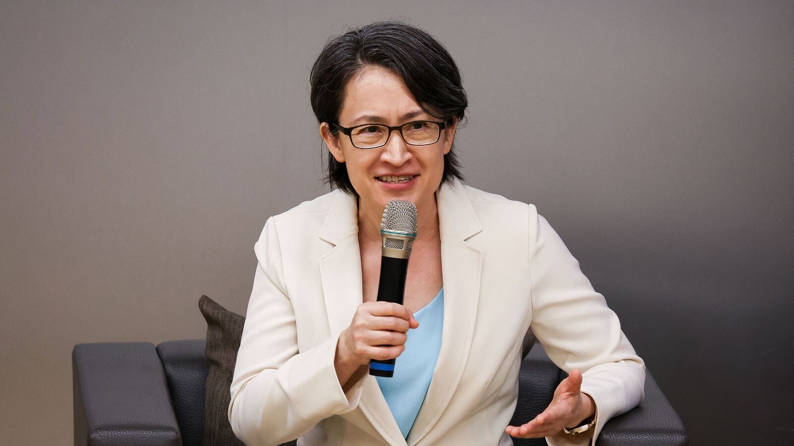 Taiwan Vice President Hsiao Bi-khim during a media briefing with foreign correspondents in Taipei on July 18, 2025.