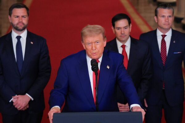 President Donald Trump speaks from the East Room of the White House in Washington, Saturday, June 21, 2025, after the U.S. military struck three Iranian nuclear and military sites, directly joining Israel's effort to decapitate the country's nuclear program, as Vice President JD Vance, Secretary of State Marco Rubio and Defense Secretary Pete Hegseth listen. (Carlos Barria/Pool via AP)