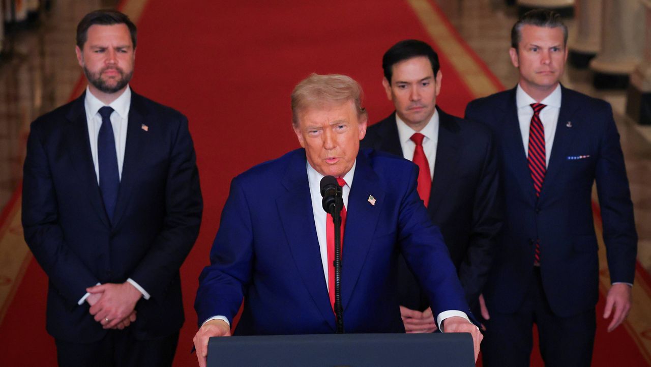 President Donald Trump speaks from the East Room of the White House in Washington, Saturday, June 21, 2025, after the U.S. military struck three Iranian nuclear and military sites, directly joining Israel's effort to decapitate the country's nuclear program, as Vice President JD Vance, Secretary of State Marco Rubio and Defense Secretary Pete Hegseth listen. (Carlos Barria/Pool via AP)