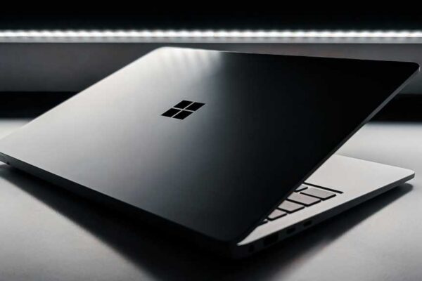 Windows 11 laptop half-closed with dramatic lighting