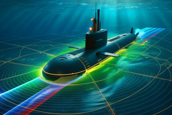 Illustration of China's advanced magnetic detection technology tracking a submarine, generated by artificial intelligence.