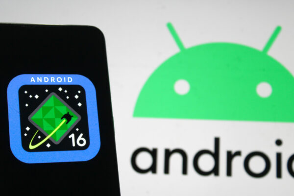 A phone sillhouette with the Android 16 logo, alongside an Android logo in the background