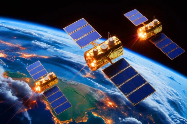 Illustration of China's Three-Body Computing Constellation satellites performing data processing in space, generated by artificial intelligence.