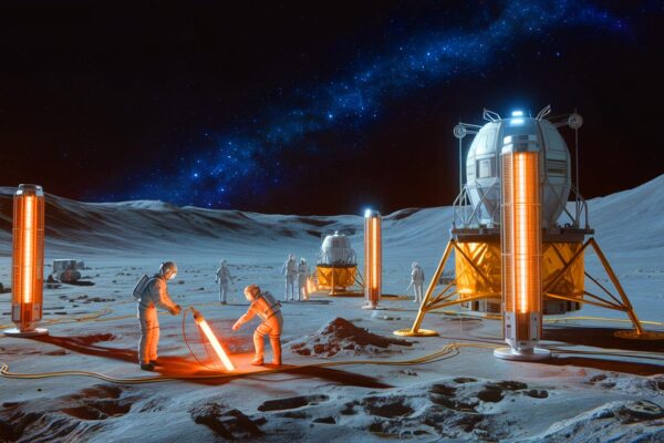 Illustration of a novel photothermal strategy converting lunar soil into fuel and oxygen, generated by artificial intelligence.