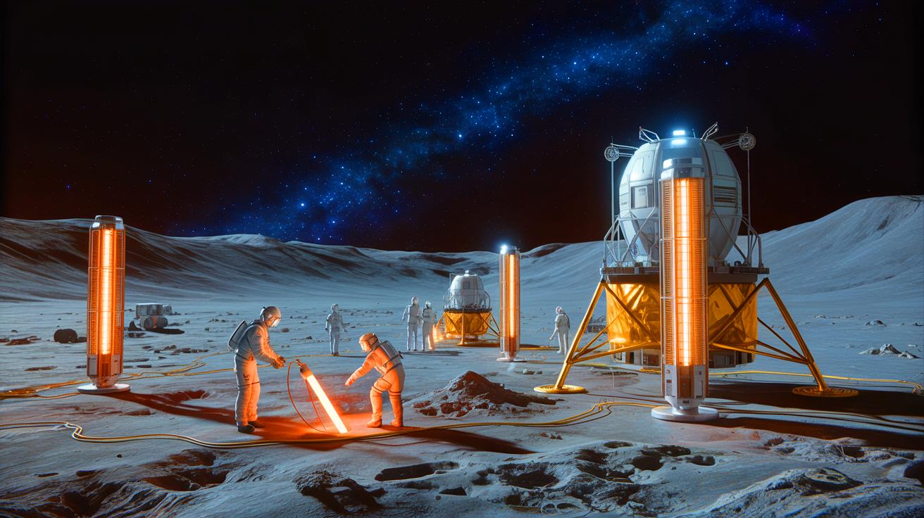 Illustration of a novel photothermal strategy converting lunar soil into fuel and oxygen, generated by artificial intelligence.