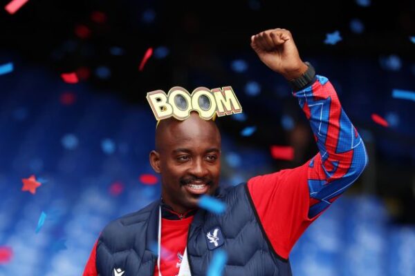 LONDON, ENGLAND - MAY 26: Jean-Philippe Mateta of Crystal Palace reacts as he receives the Goal of the Season award following the FA Cup trophy parade on May 26, 2025 in London, England. Crystal Palace defeated Manchester City in the FA Cup Final in London on May 17. (Photo by Tom Dulat/Getty Images)