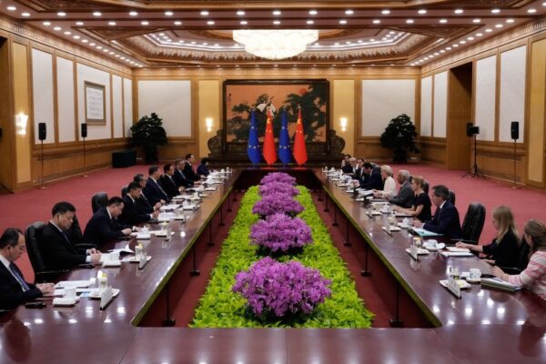 Chinese President Xi Jinping, European Council President António Costa and European Commission President Ursula von der Leyen along with delegates attend the opening remarks of the EU-China summit at the Great Hall of the People in Beijing on July 24, 2025.