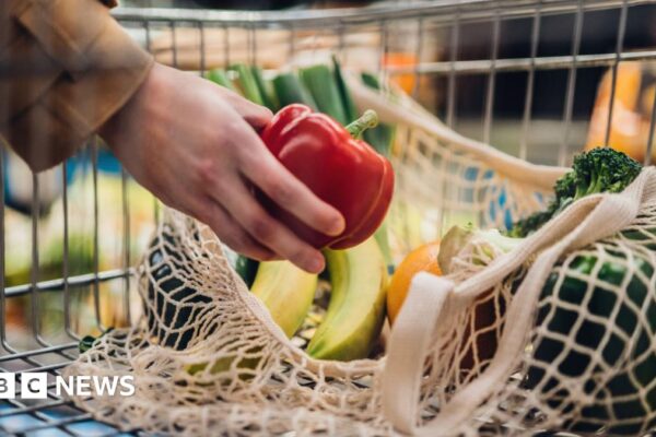 Close-up shot of female hand putting a red bell pepper into a mesh grocery bag.