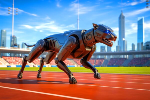 Illustration of the Black Panther II robotic dog developed by Mirror Me, surpassing speed records in the robotics industry.