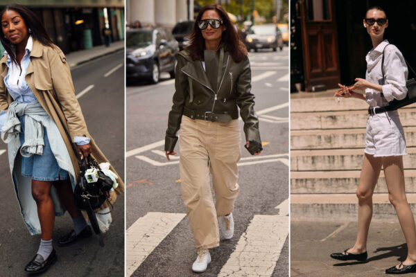 Split image of fashion week attendees wearing loafers, sneakers, and ballet flats