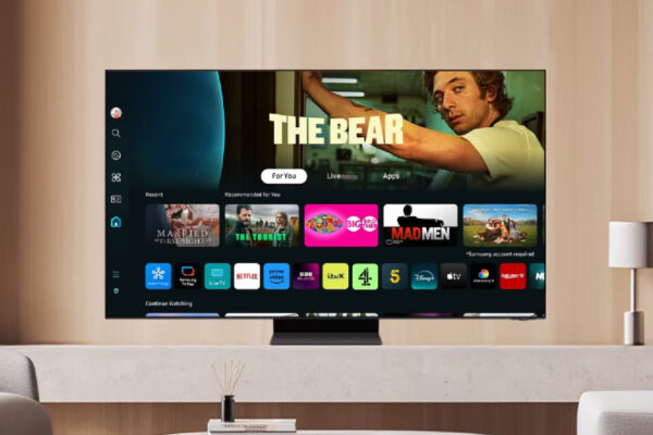 Samsung Tizen 9.0 on TV on stand in living room