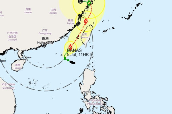 At 11 am, tropical storm Danas was estimated to be about 400 kilometres east-southeast of Hong Kong. Image courtesy of Observatory.