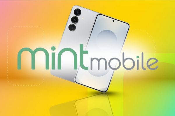 The Mint Mobile logo and a Samsung Galaxy S25 phone are displayed against a gradient red, orange and green background.