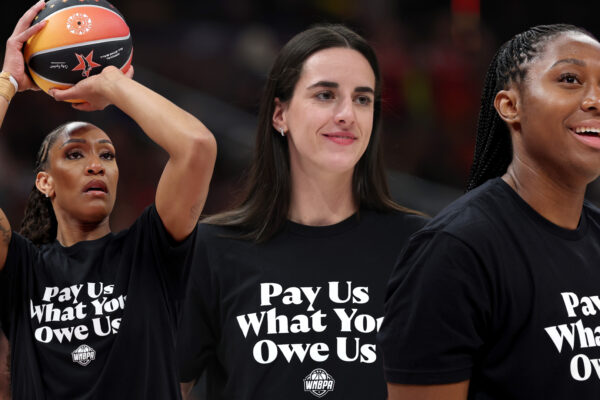 three women wearing wnba pay us what you owe us tshirts at the 2025 wnba all star weekend