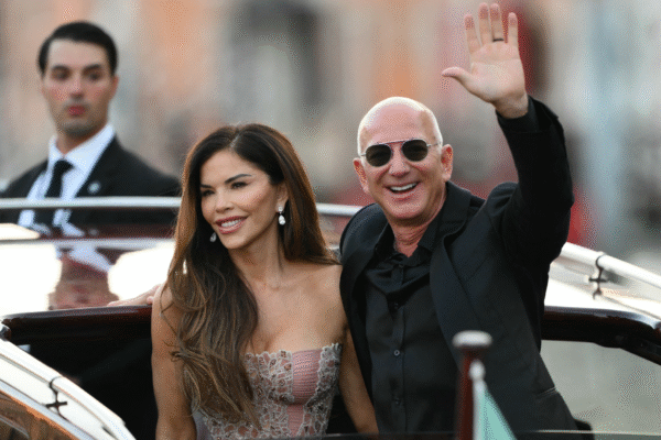 Jeff Bezos and spouse Lauren Sanchez Bezos leave the Aman Hotel on the third day of their wedding festivities in Venice.
