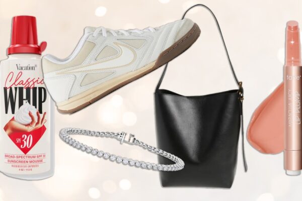 assortment of products across fashion and beauty over a light-scattered background