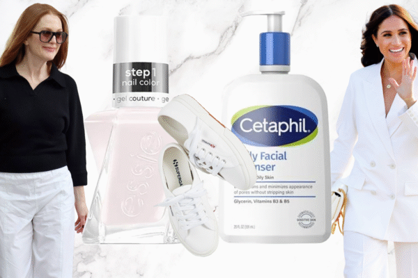 Julianne Moore and Meghan Markle next to beauty products from Essie and Cetaphil and a pair of sneakers from Superga.