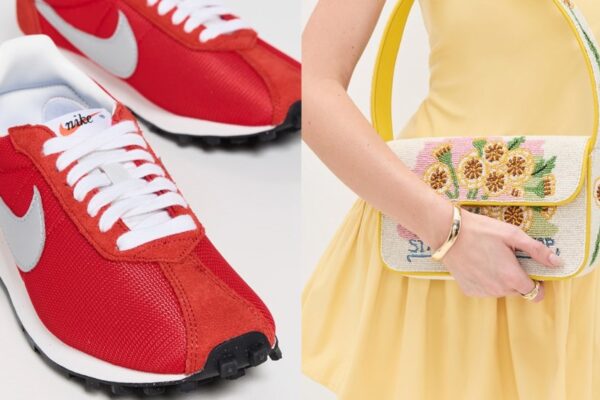 nike ld-1000 shoes in a bright red hue; woman in a yellow dress holding a beaded bag from staud with flowers on it