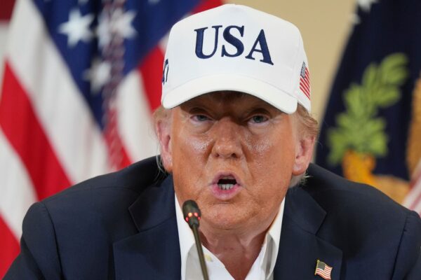 President Donald Trump speaks during a roundtable discussion with first responders and local officials at Hill Country Youth Event Center in Kerrville, Texas, during a tour to observe flood damage, Friday, July 11, 2025. (AP Photo/Jacquelyn Martin)