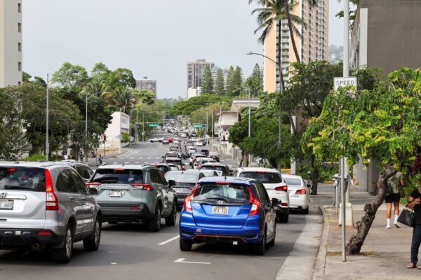 Cars jam streets in Honolulu, Hawaii as evacuations were under way. Pic: Reuters