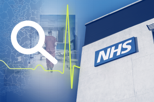 Image accomanying article on NHS performance showing a hospital, NHS symbol and a magnifying glass