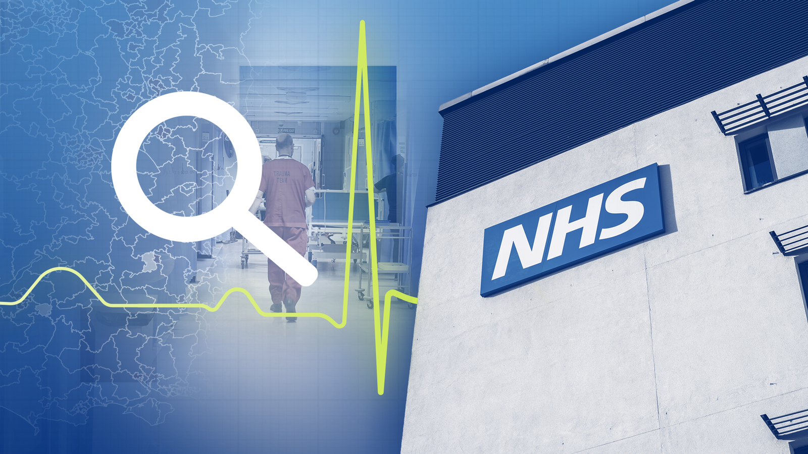 Image accomanying article on NHS performance showing a hospital, NHS symbol and a magnifying glass