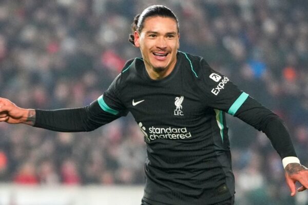 Liverpool's Darwin Nunez celebrates after scoring his side's second goal (AP Photo/Kirsty Wigglesworth)