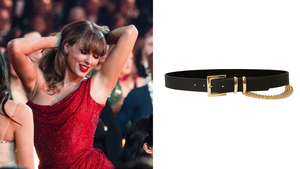 taylor swift spotted dancing in a red sparkly gown; black leather belt with gold hardware and a chain