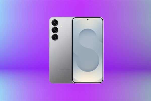 Silver samsung with slate and blue wallpaper. Background: blue and purple gradient.