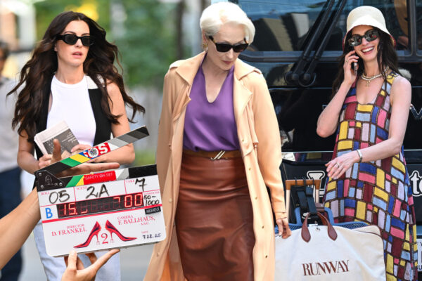 a collage of Anne Hathaway and Meryl Streep on the set of 'The Devil Wears Prada 2'