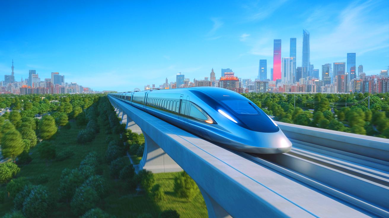 Illustration of China's new maglev train reaching speeds of 373 mph, an artificial illustration.