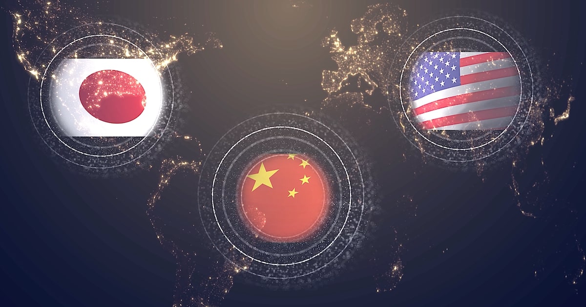 The flags of the United States, China and Japan are superimposed over different continents.