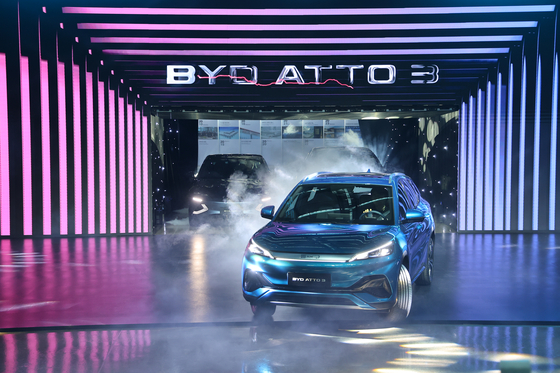 BYD's Atto 3, the first passenger EV from the Chinese EV giant, is on stage at its Korean launch event on Jan. 16 in Incheon. [YONHAP]