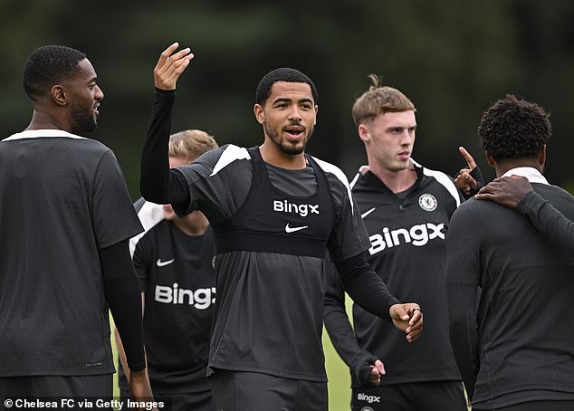 Levi Colwill (centre) picked up a season-limiting ACL injury during his first training session back with Chelsea after the break