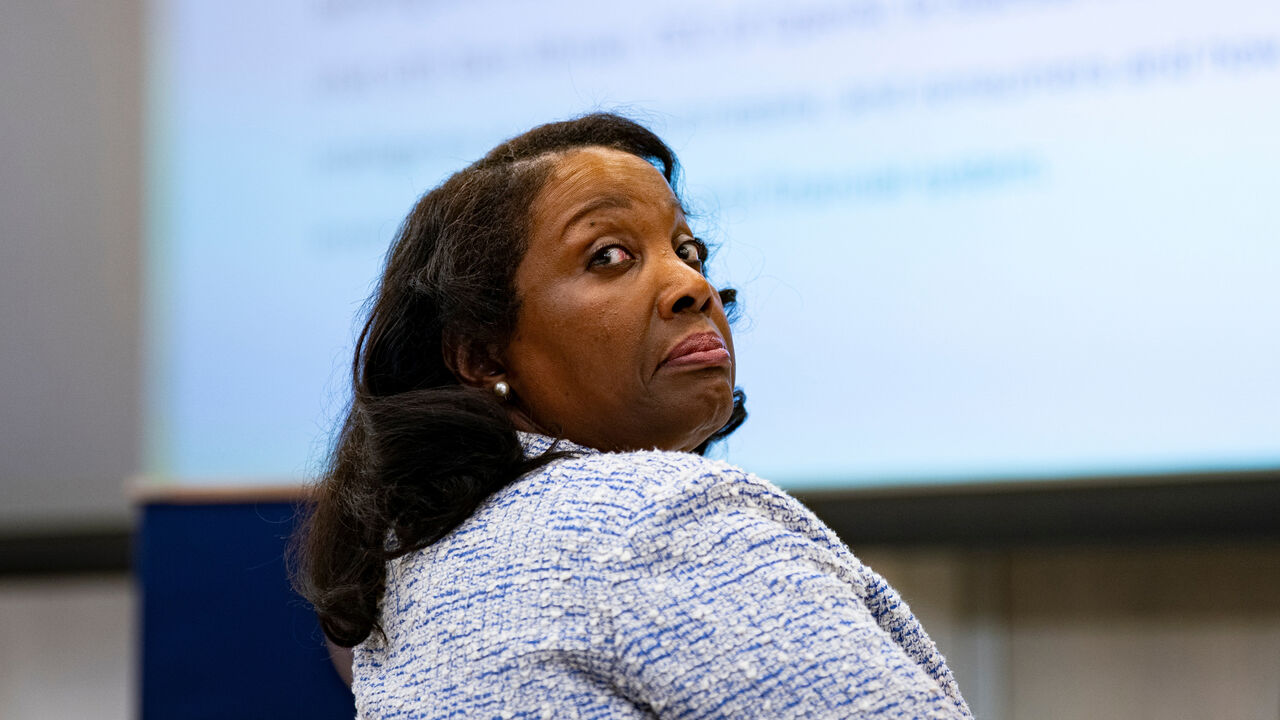 Lisa Cook, governor of the US Federal Reserve, looks back over her right shoulder - during the Federal Reserve Integrated Review of the Capital Framework for Large Banks Conference in Washington, DC, USA.