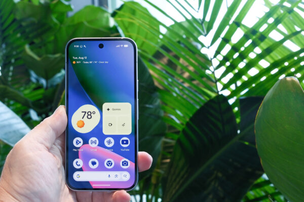 Google Pixel 10 showing home screen and widgets in dark blue