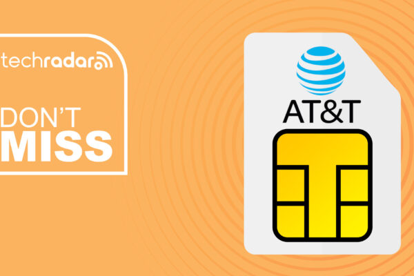AT&amp;T branded sim card on orange background with don't miss text overlay