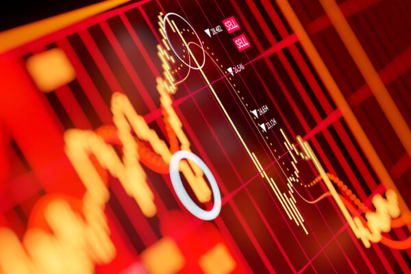 A stock price chart shown in red.