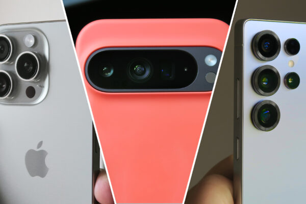 Apple iPhone 16 Pro, Google Pixel 9 Pro XL in Coral Mous case and Samsung Galaxy S25 Ultra camera close-ups