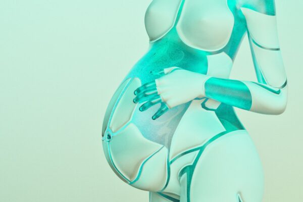 an illustration of a blue robot with a pregnant-looking belly