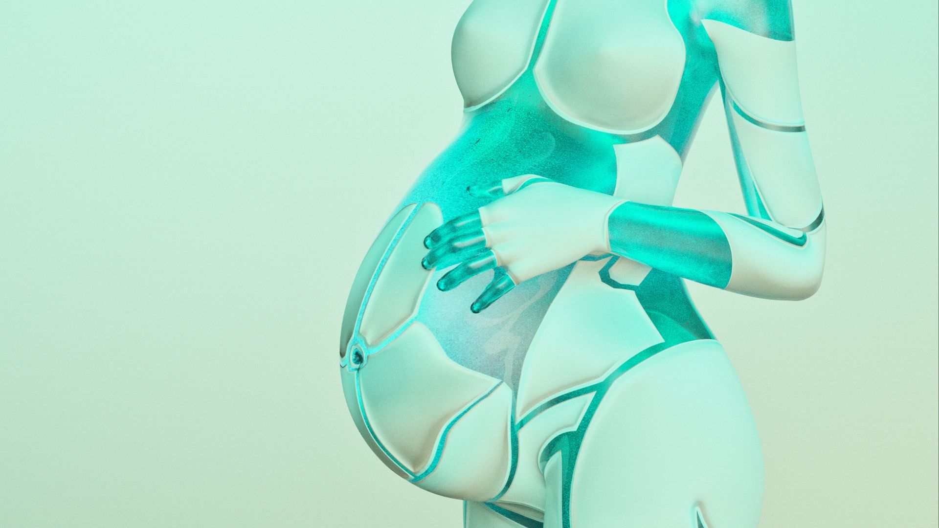 an illustration of a blue robot with a pregnant-looking belly