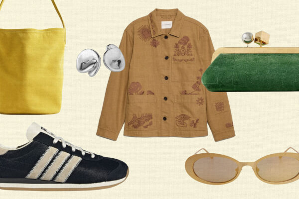 Collage of jacket, earrings, sneakers, bags, and sunglasses