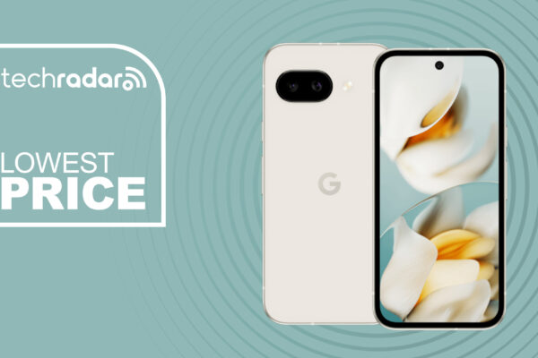 Google Pixel 9a on green background with lowest price text overlay