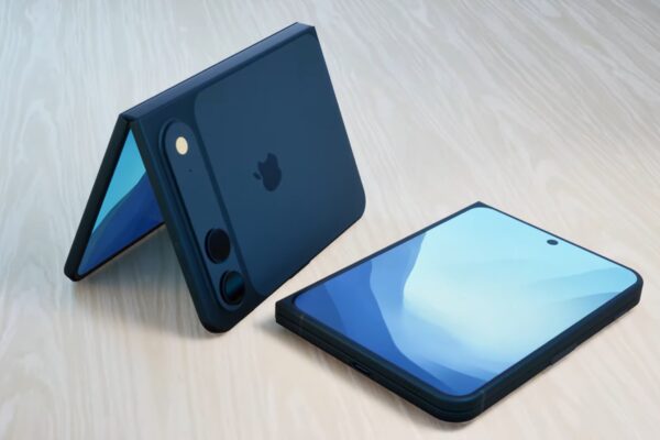 An unofficial render of the iPhone Fold, closed and open in a tent position