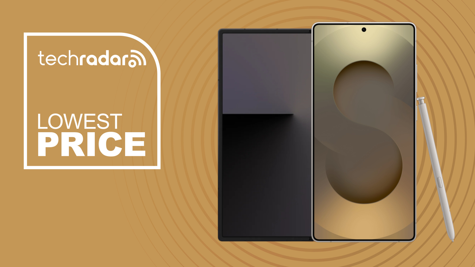 Samsung Galaxy S25 Ultra and Galaxy Z Fold 7 on orange background with lowest price text overlay