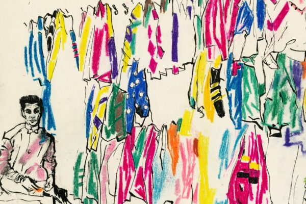 Bill Hartack in the Silk Room, Arlington Park, 1957, Crayon, ink, felt pen, 13 7/8” x 16 ¼”