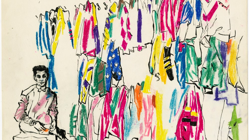 Bill Hartack in the Silk Room, Arlington Park, 1957, Crayon, ink, felt pen, 13 7/8” x 16 ¼”