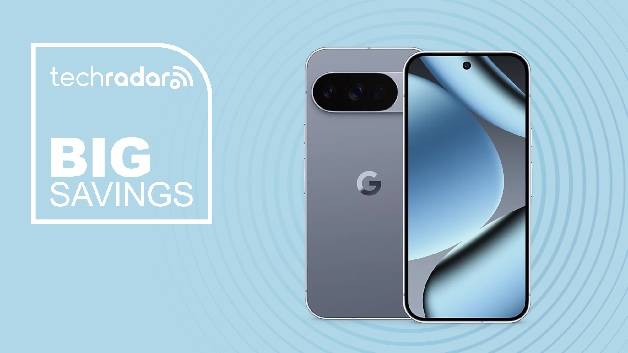 Google Pixel 10 Pro on blue background with big savings text overlay