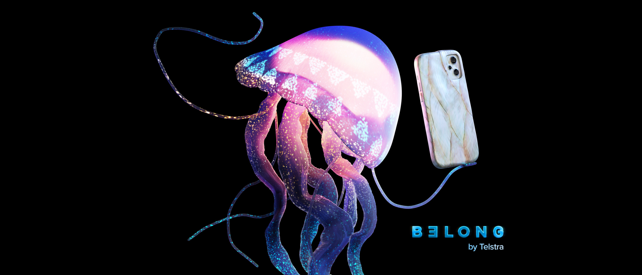 Belong marketing image which shows jellyfish holding a smartphone alongside Belong logo