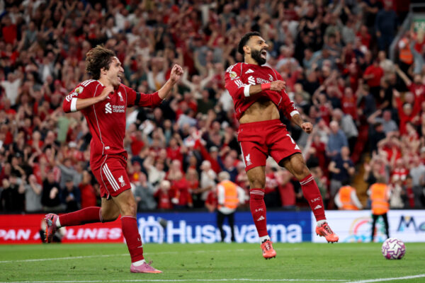 LIVERPOOL, ENGLAND - AUGUST 15: Mohamed Salah of Liverpool celebrates scoring his team